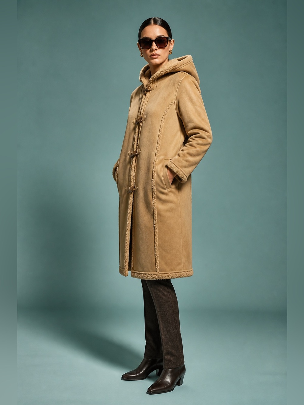 L.L. Bean Faux Suede Sherpa Lined Toggle Buttons Hooded Woman’s Coat Size M